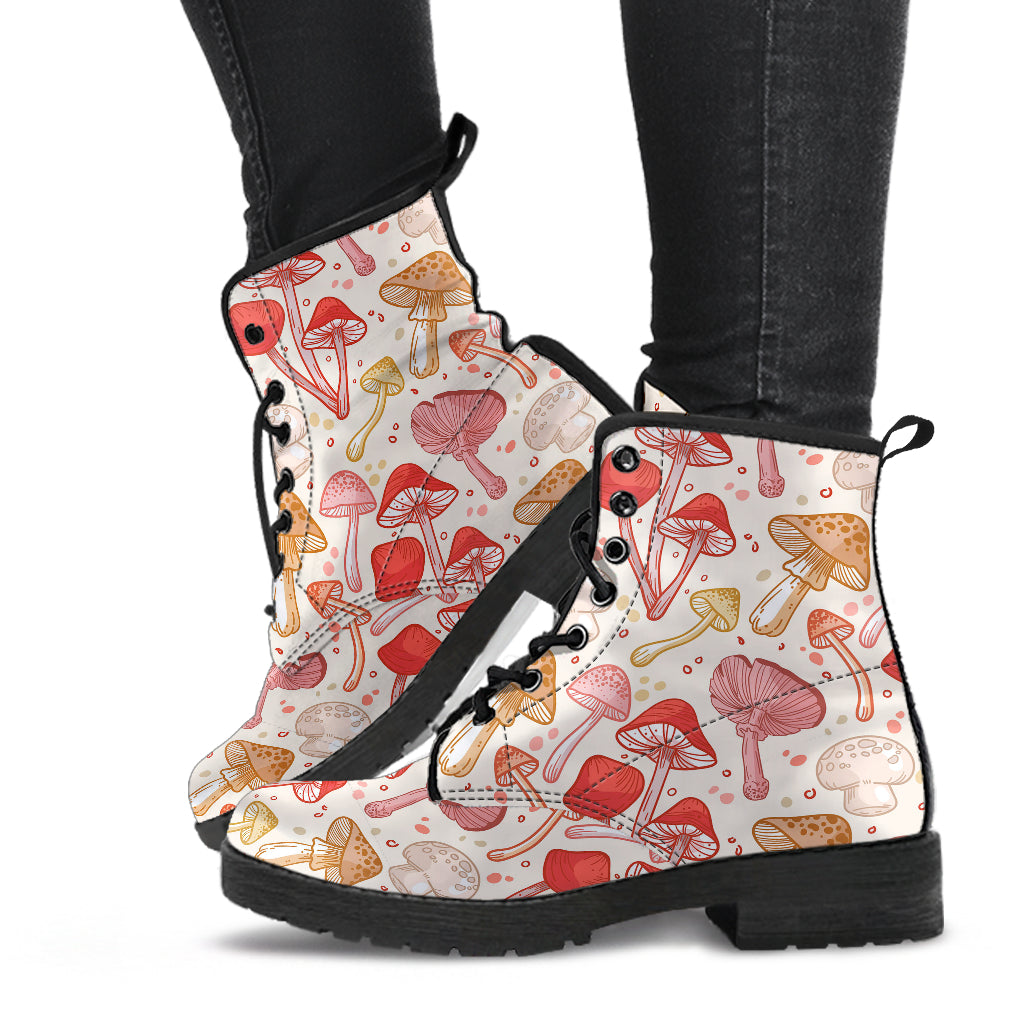 Hand Drawn Mushrooms Women's Vegan Leather Combat Boots