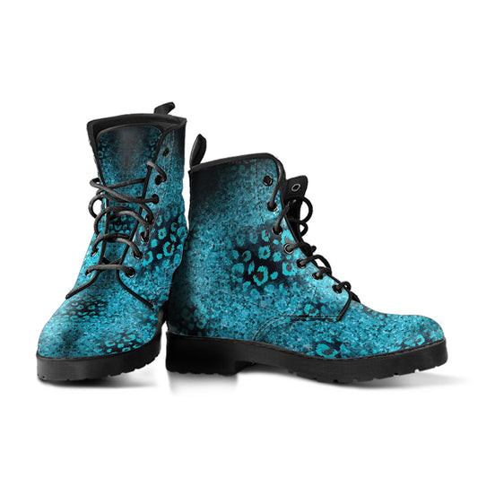 Teal, Black and Blue Leopard Spot Women's Vegan Leather Combat Boots