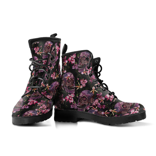 Cottagecore Floral Skull Women's Vegan Leather Combat Boots