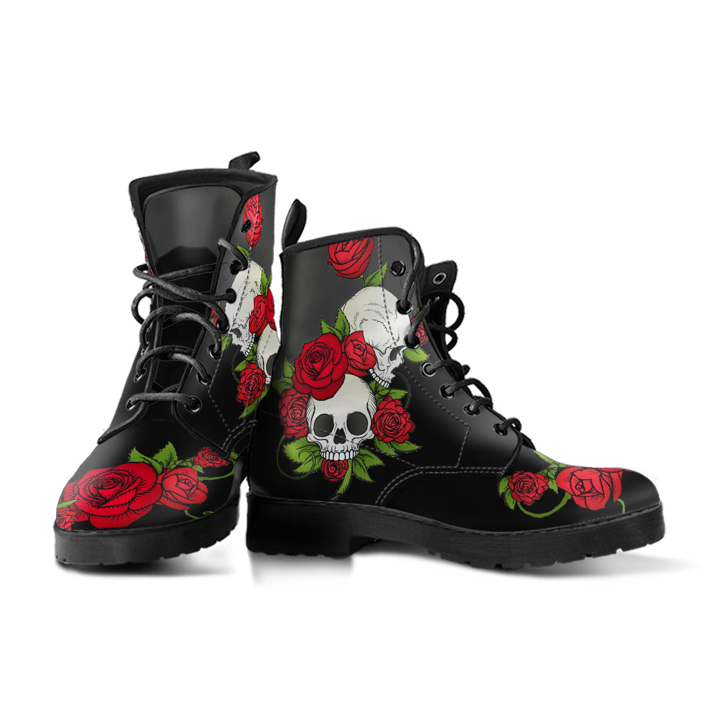 Skulls and Red Roses Women's Vegan Leather Combat Boots | Sole Design