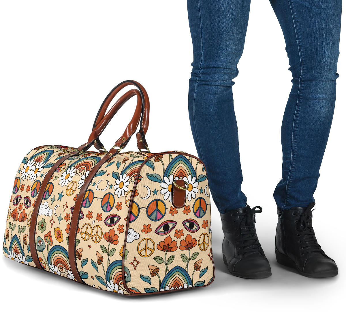 Boho Rainbow and Trippy Mushrooms Women's Travel Bag