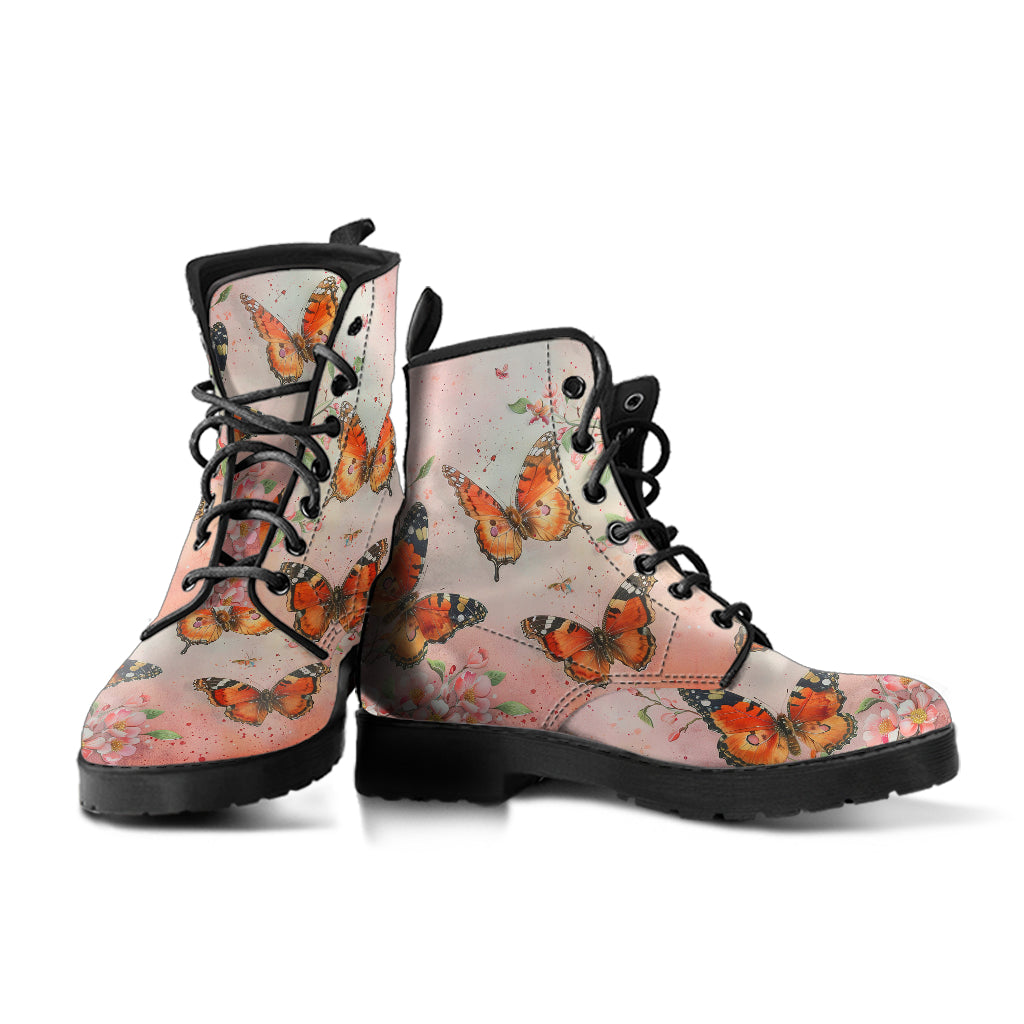 Watercolor Spring Butterfly Women's Vegan Leather Combat Boots