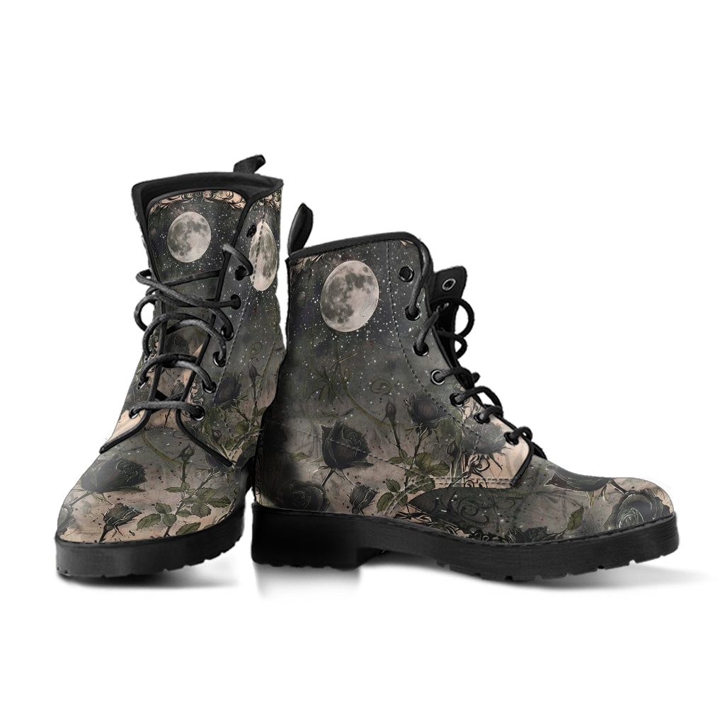 dark black roses moon women's combat boots vegan leather – Sole Design Studio