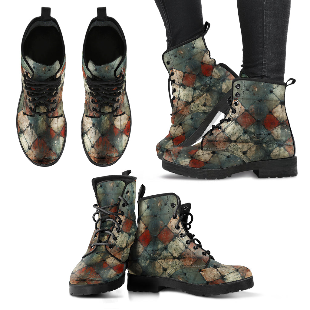 Rustic Grid Patina Women's Vegan Leather Combat Boots