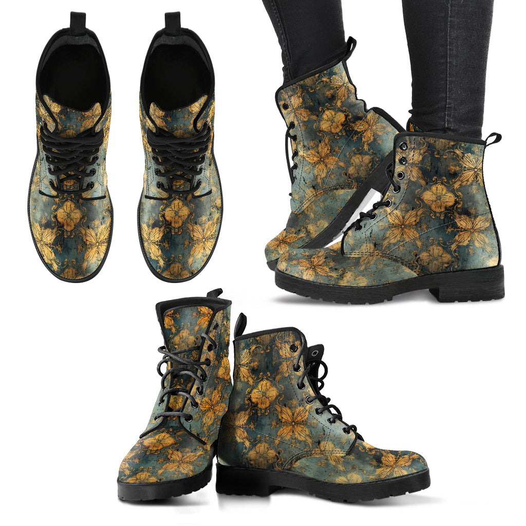 Vintage Floral Golden Motif Women's Vegan Leather Combat Boots