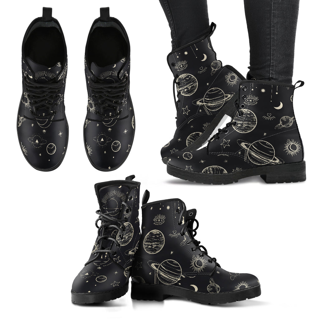 Moon Phases Abstract Women's Vegan Leather Combat Boots