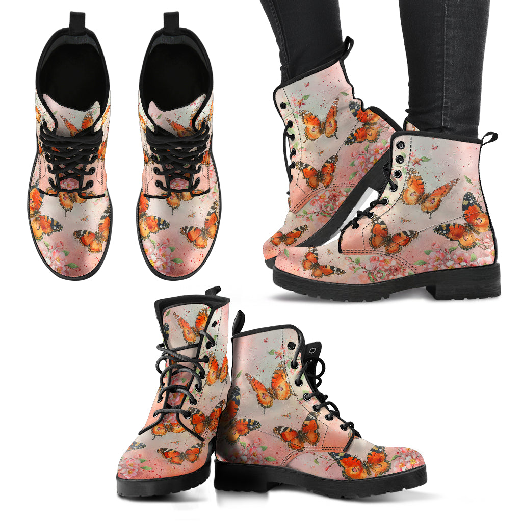 Watercolor Spring Butterfly Women's Vegan Leather Combat Boots