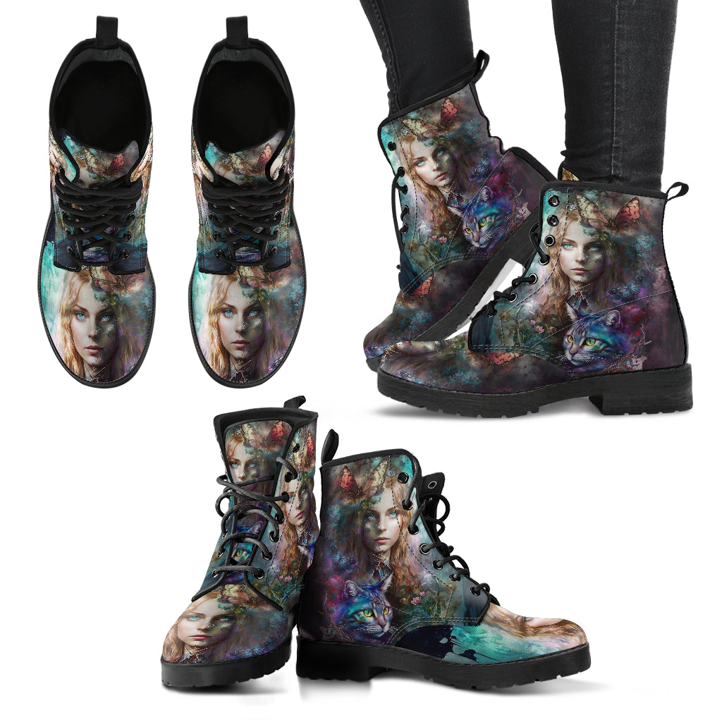 Alice in Wonderland Women's Vegan Leather Combat Boots