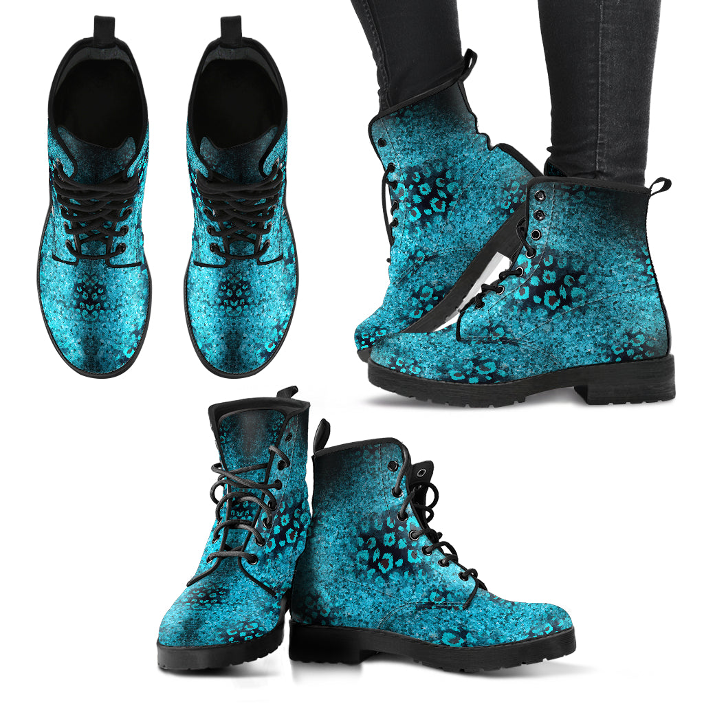 Teal, Black and Blue Leopard Spot Women's Vegan Leather Combat Boots