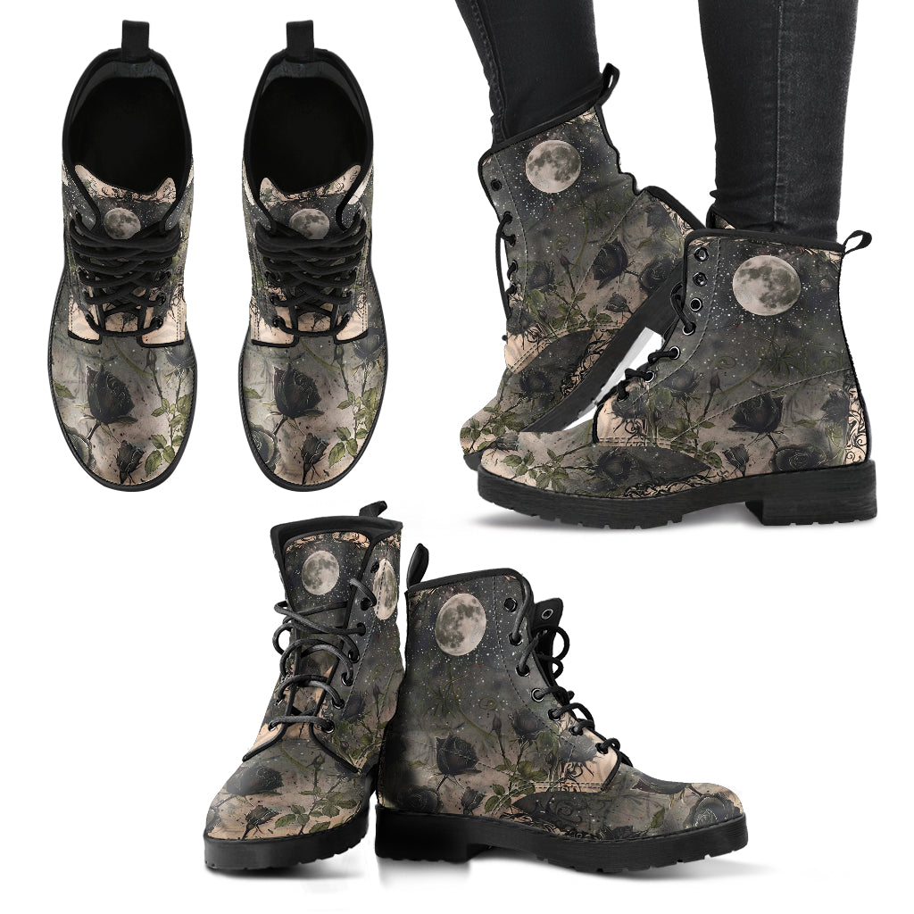 dark black roses moon women's combat boots vegan leather – Sole Design Studio