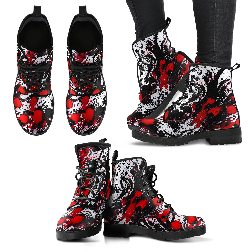 Red And Black Ink Splatter Vegan Leather Combat Boots - READY TO SHIP