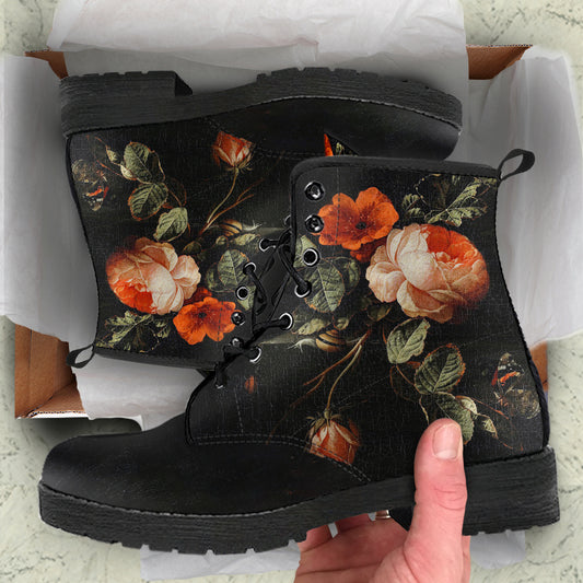 Still Life with Roses Women's Vegan Leather Combat Boots