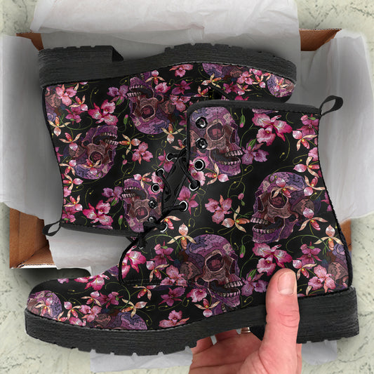 Cottagecore Floral Skull Women's Vegan Leather Combat Boots