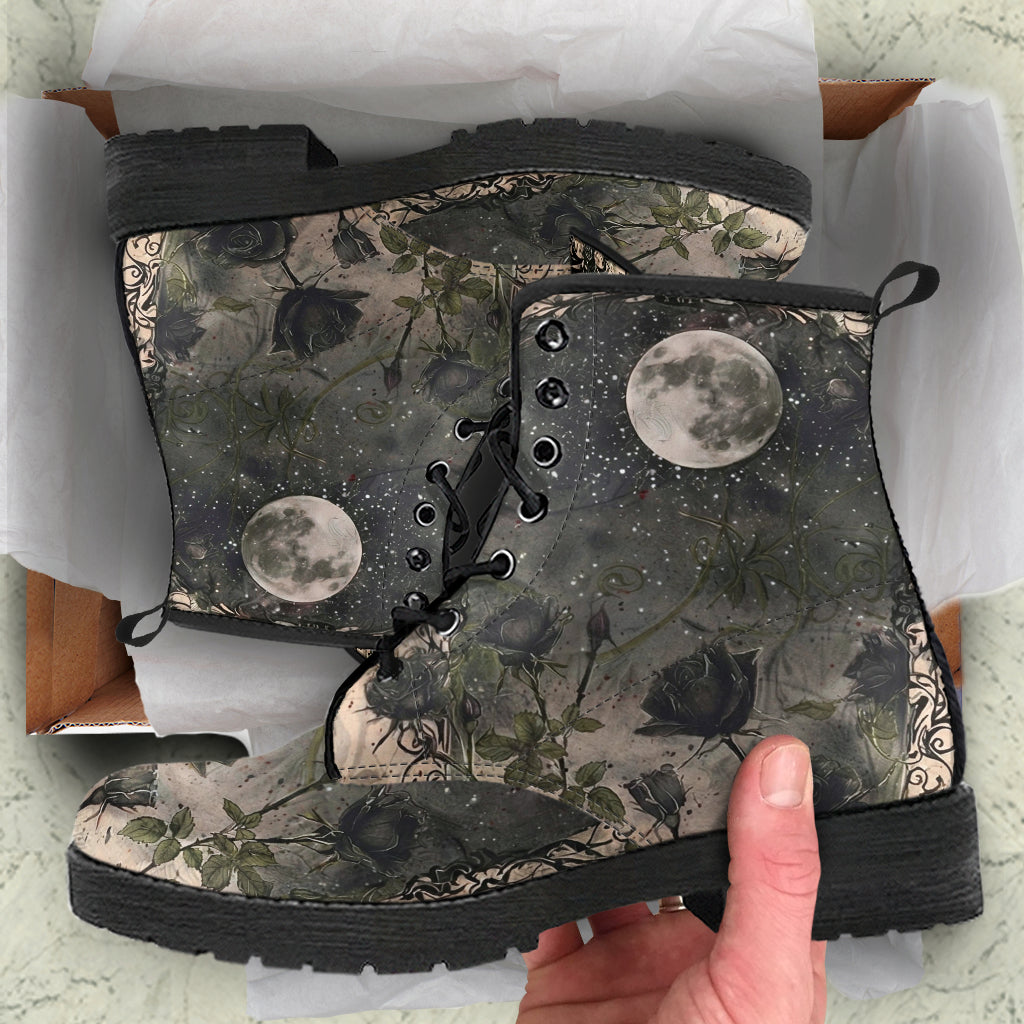 dark black roses moon women's combat boots vegan leather – Sole Design Studio