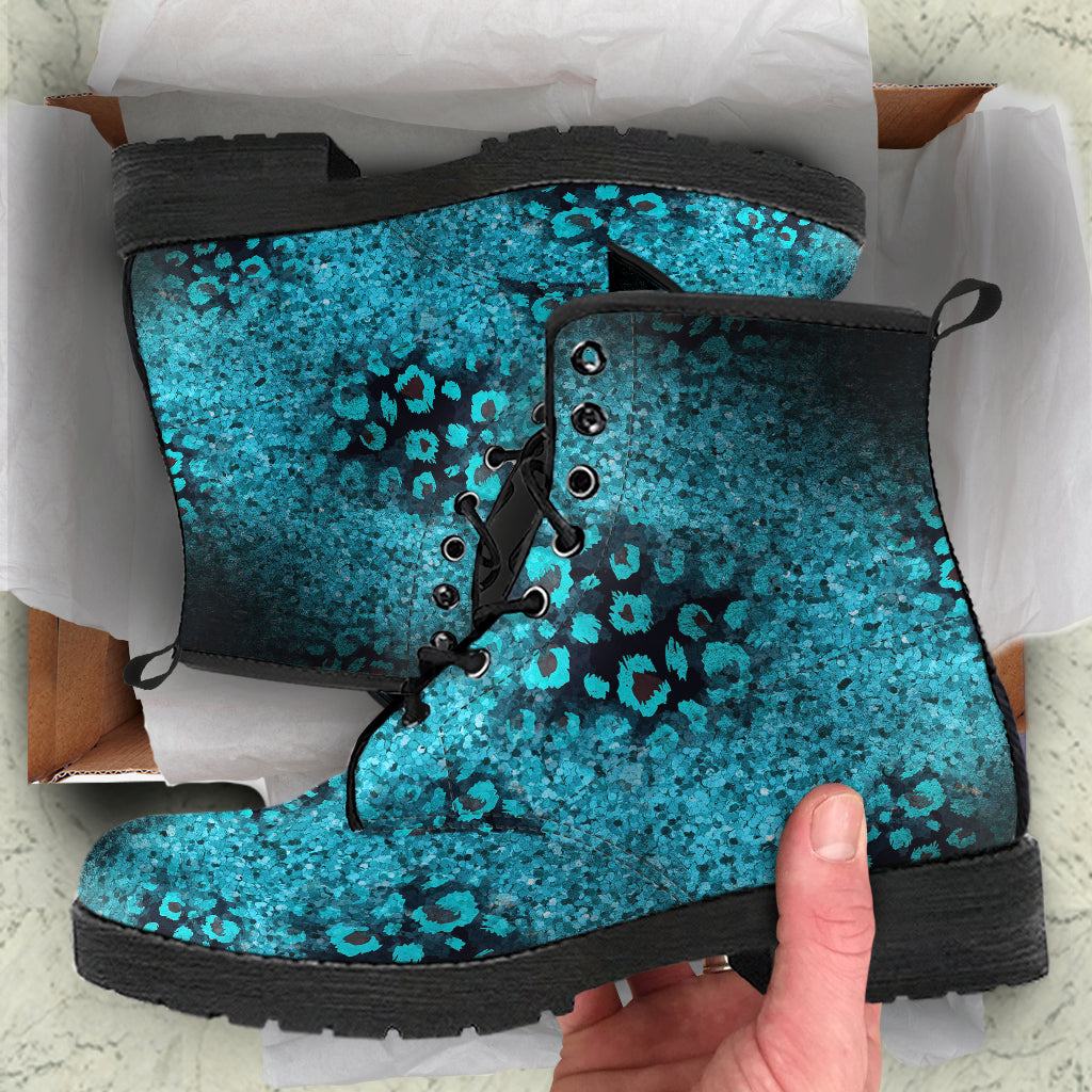 Teal, Black and Blue Leopard Spot Women's Vegan Leather Combat Boots