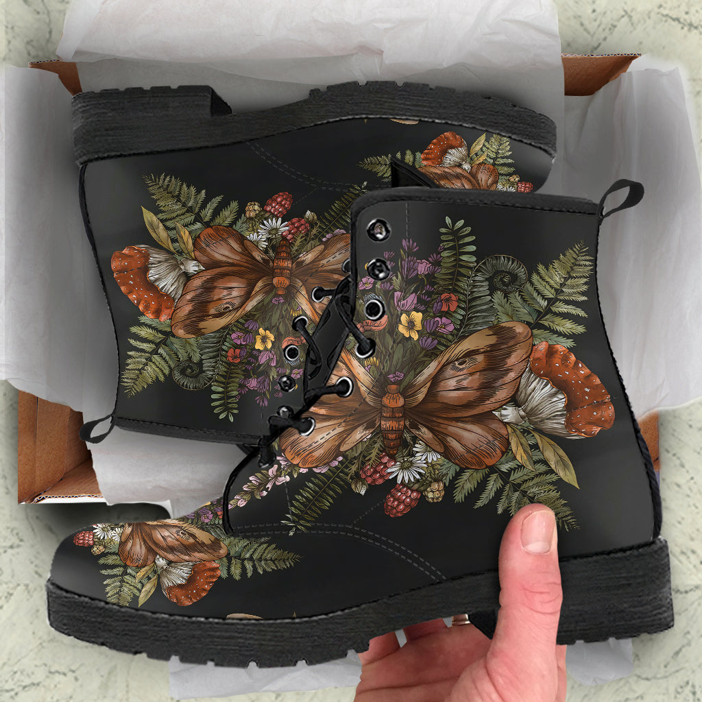 Jungle leaves and flowers tropical Women's Vegan Leather Combat Boots