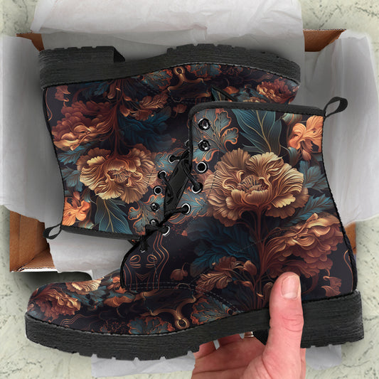 Dark Cottagecore Peony floral Women's Vegan Leather Boots