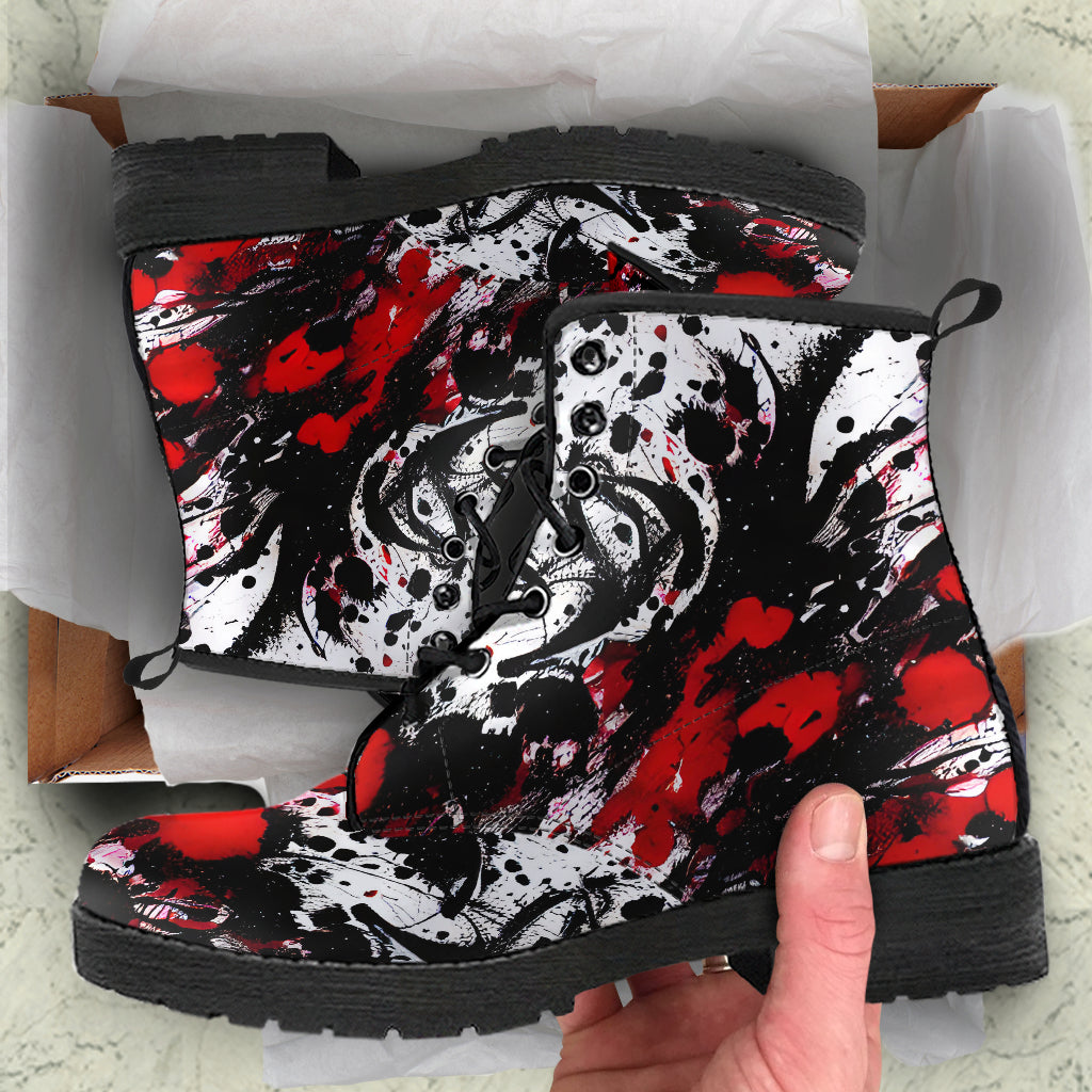 Red And Black Ink Splatter Vegan Leather Combat Boots - READY TO SHIP