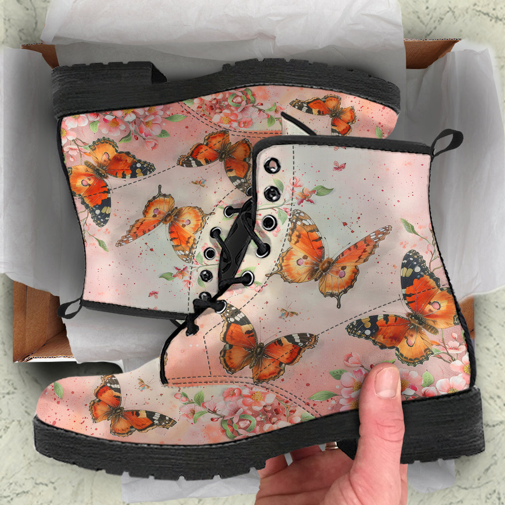 Watercolor Spring Butterfly Women's Vegan Leather Combat Boots