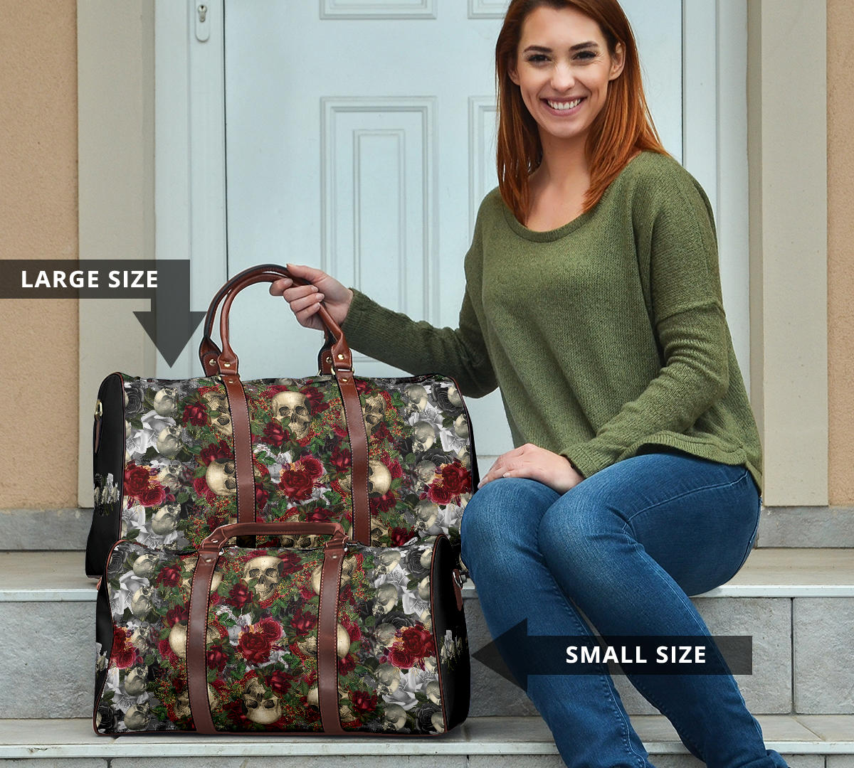 Skulls and Roses on Silver Old Carpet Women's Travel Bag