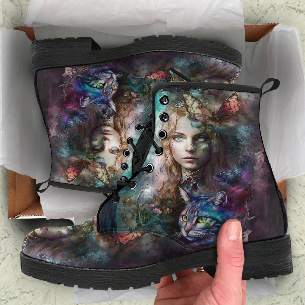 Alice in Wonderland Women's Vegan Leather Combat Boots