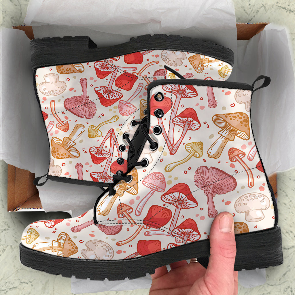 Hand Drawn Mushrooms Vegan Women Leather Boots