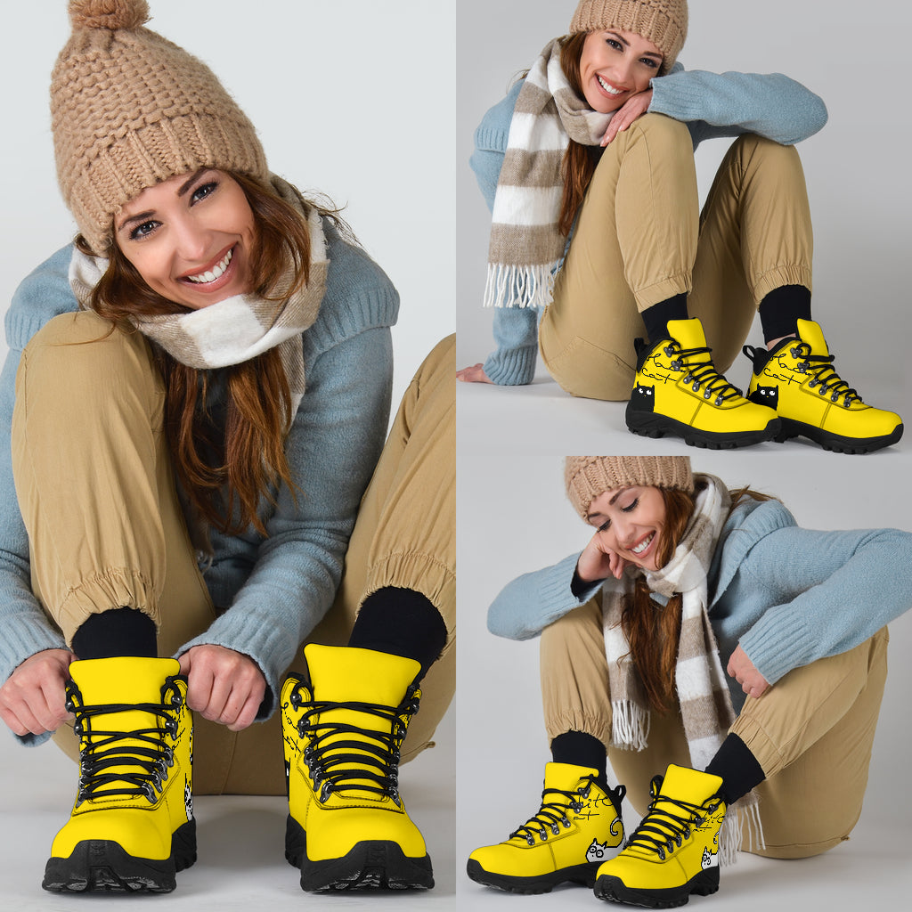 Black and White Cat on Yellow Women's Alpine Boots