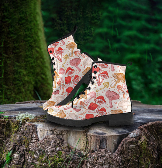 Hand Drawn Mushrooms Women's Vegan Leather Combat Boots