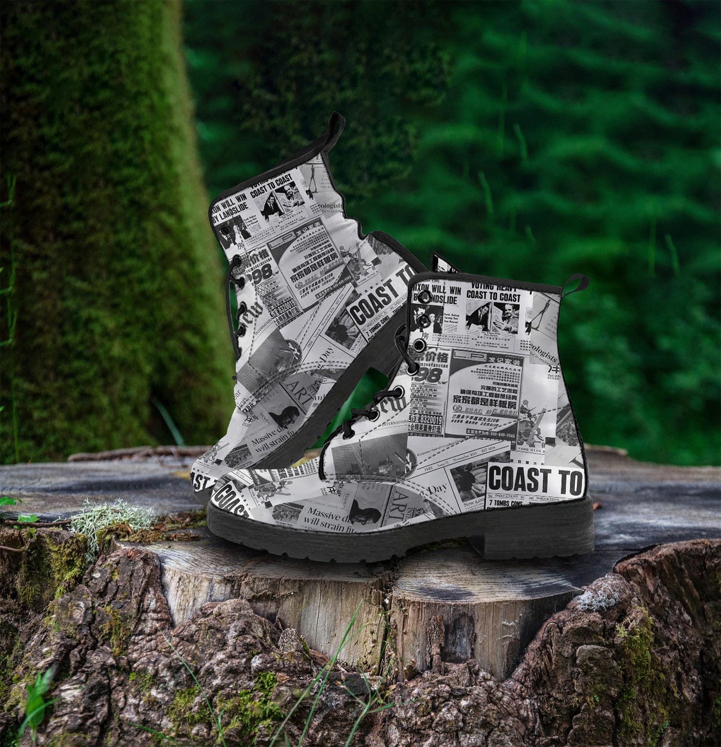Newspaper Headlines Women's Vegan Leather Combat Boots