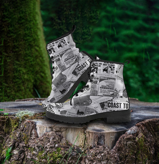 Newspaper Headlines Women's Vegan Leather Combat Boots