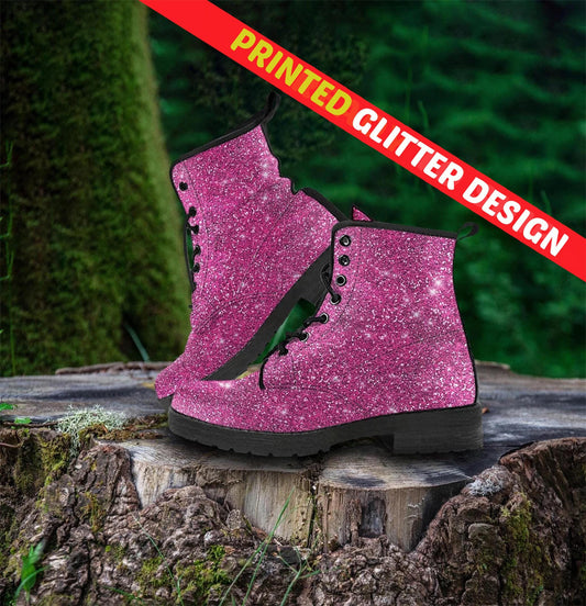 Pink Sparkle Glitter Women's Vegan Leather Combat Boots