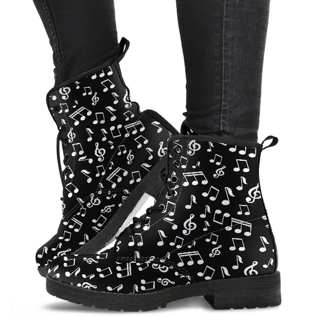 Black Music Notes Design Women's Vegan Leather Boots