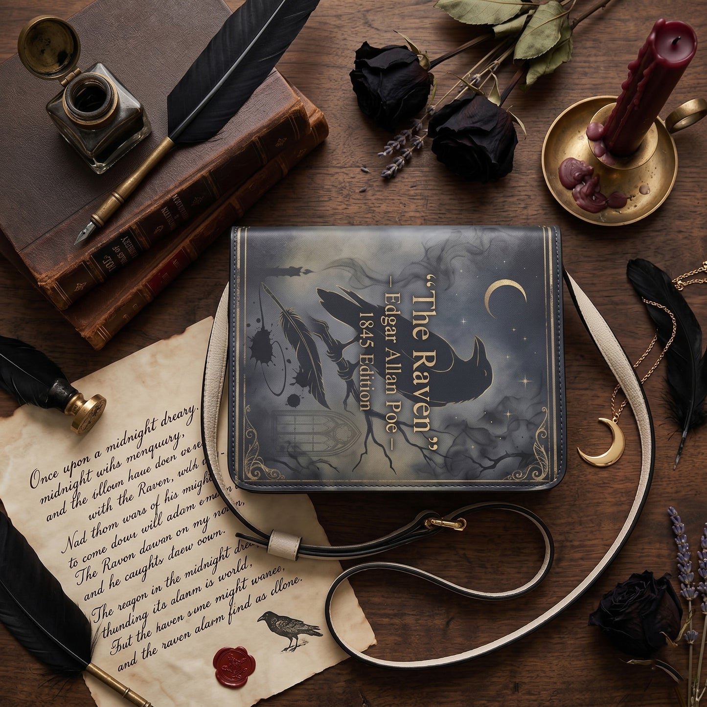 the raven edgar allan poe gothic book-shaped bag gifts for readers – Sole Design Studio