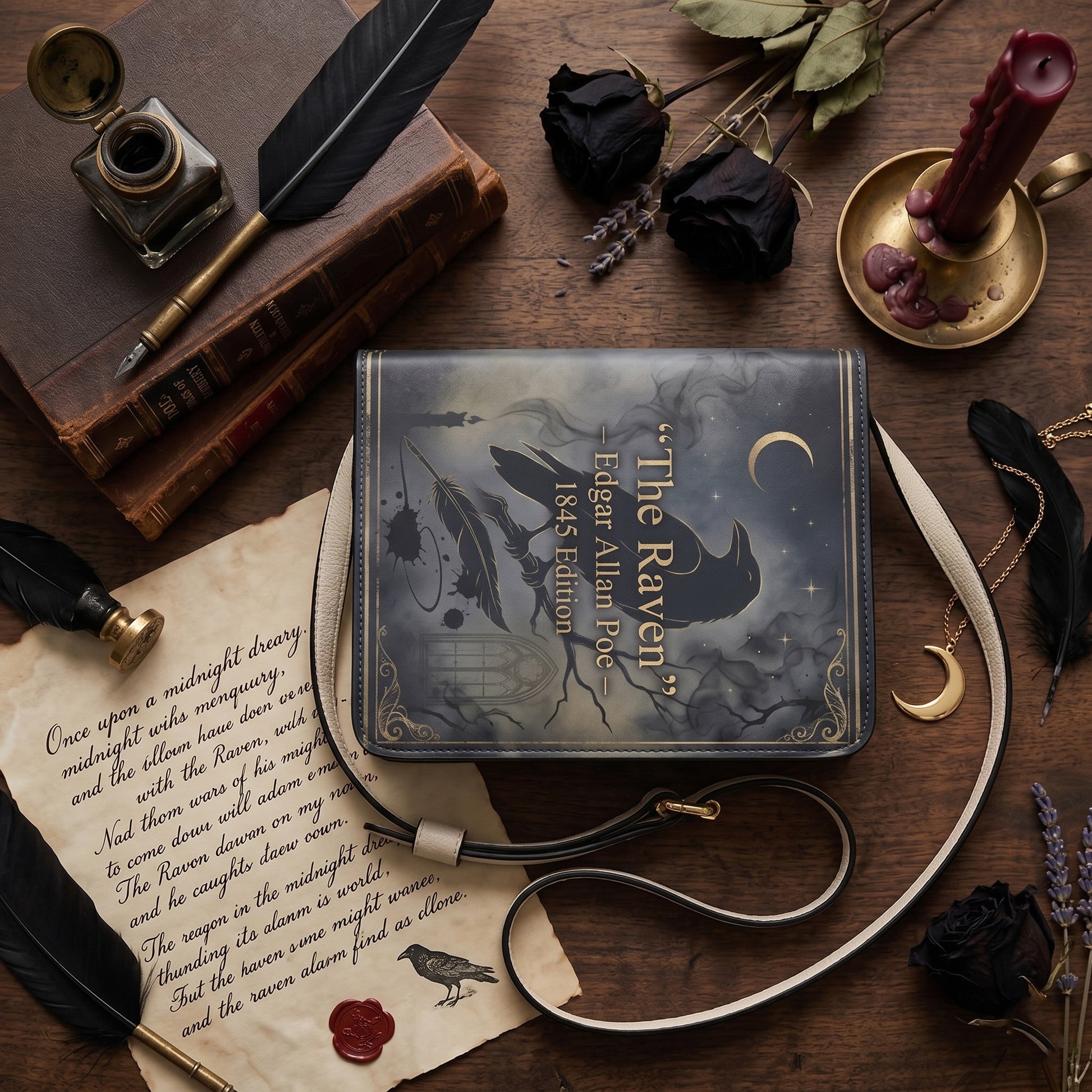 the raven edgar allan poe gothic book-shaped bag gifts for readers – Sole Design Studio