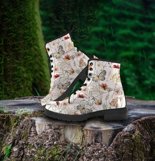 Tiny bloom Watercolor Butterfly Women Vegan Leather Combat Boots