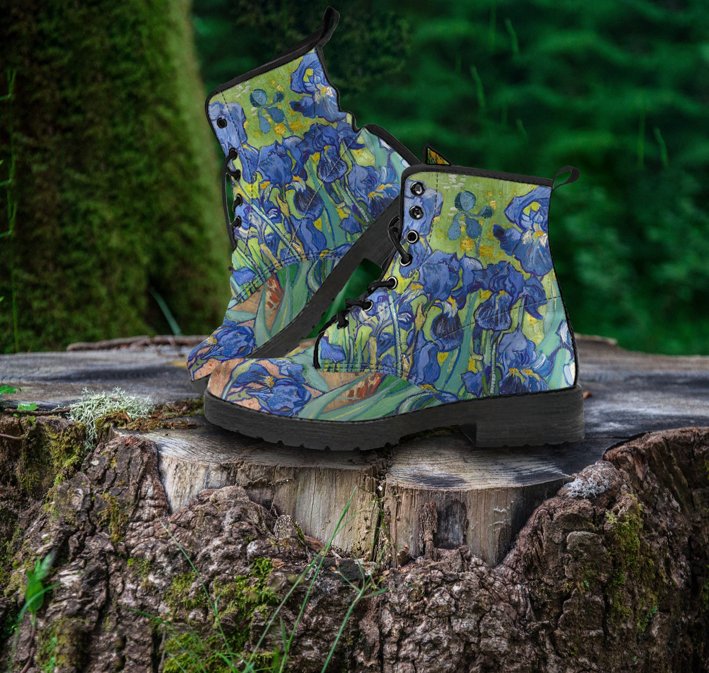 Van Gogh's Blue Iris Women's Vegan Leather Combat Boots READY TO SHIP