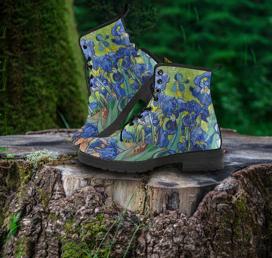 Van Gogh's Blue Iris Women's Vegan Leather Combat Boots READY TO SHIP