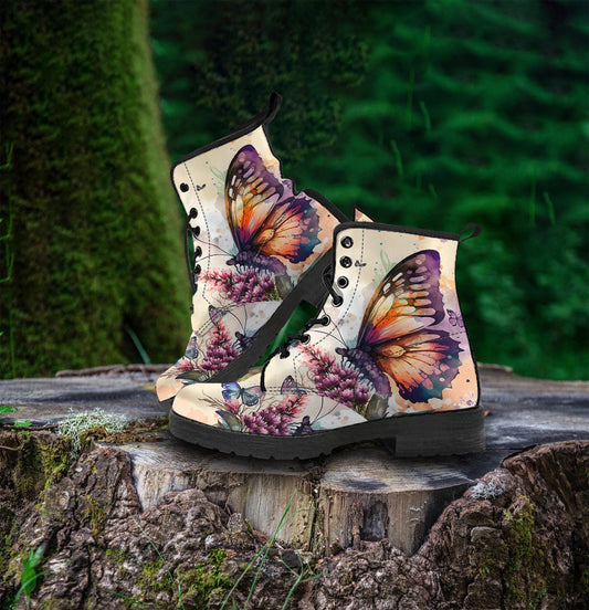 Watercolor butterfly Floral Women's Vegan Leather Combat Boots