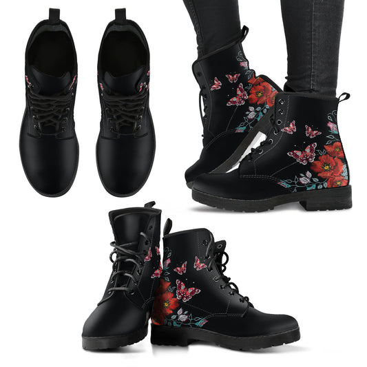 Butterflies and Flowers Handcrafted Women's Vegan Leather Combat Boots